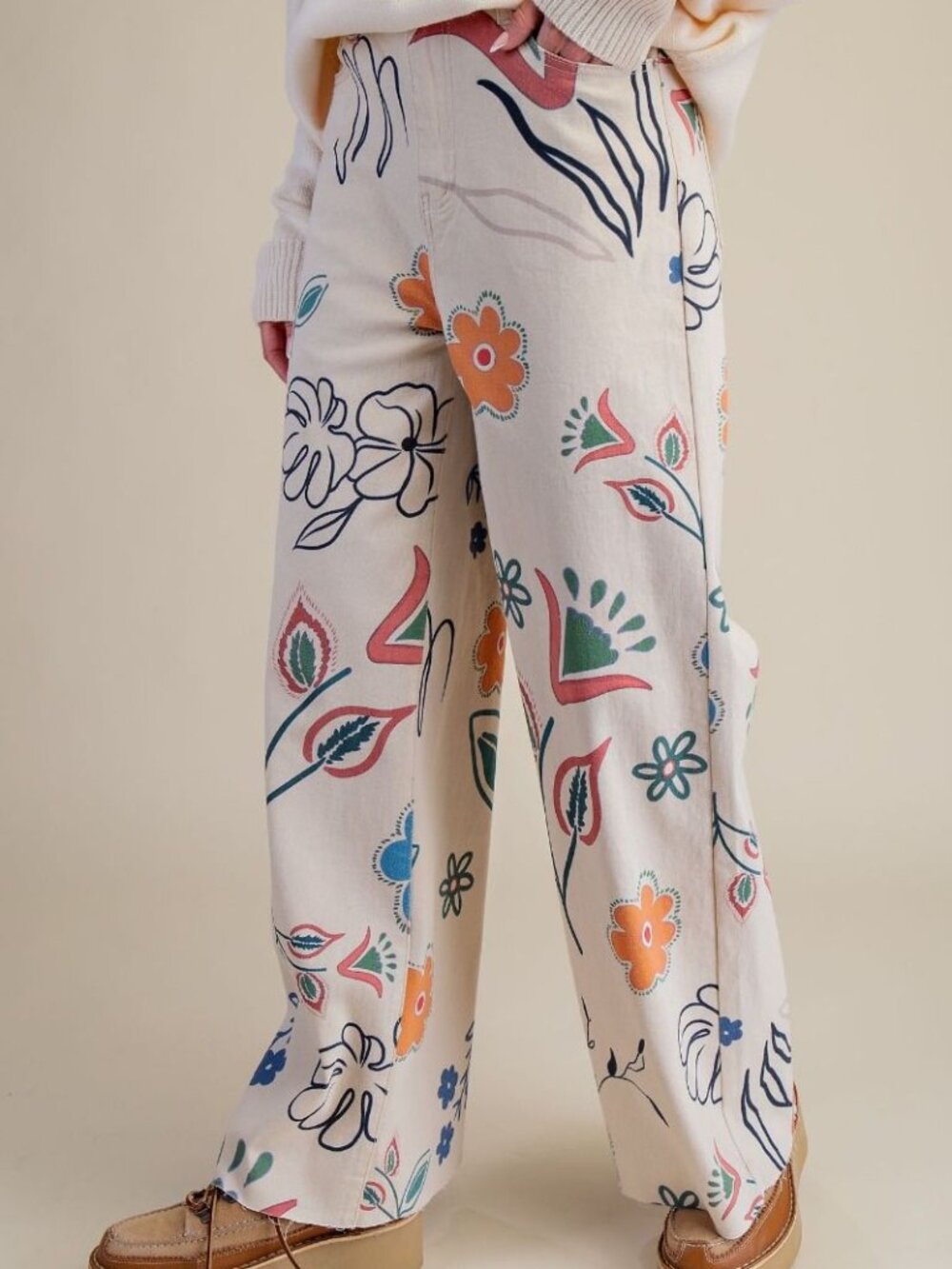 Large Size Print Washed Twill Stretch Pants Easel